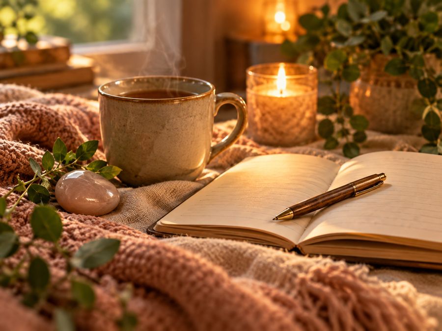 Open journal, rose quartz and a cup of tea – Body, Emotion and Belief Code sessions with Amanda Brooks