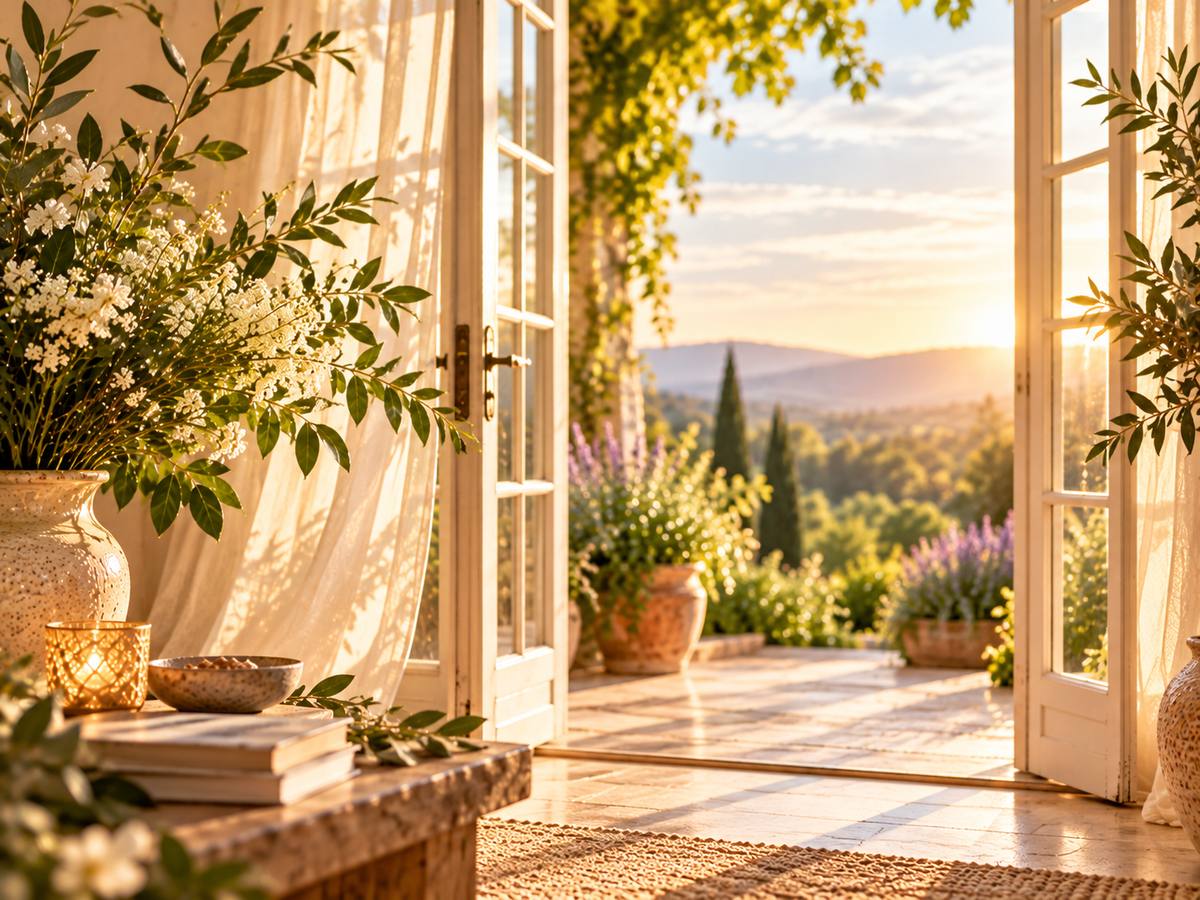 Open French doors onto a sunlit terrace and hills