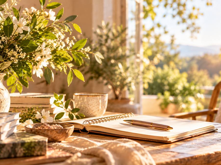 Open journal and pen on a sunlit table with flowers