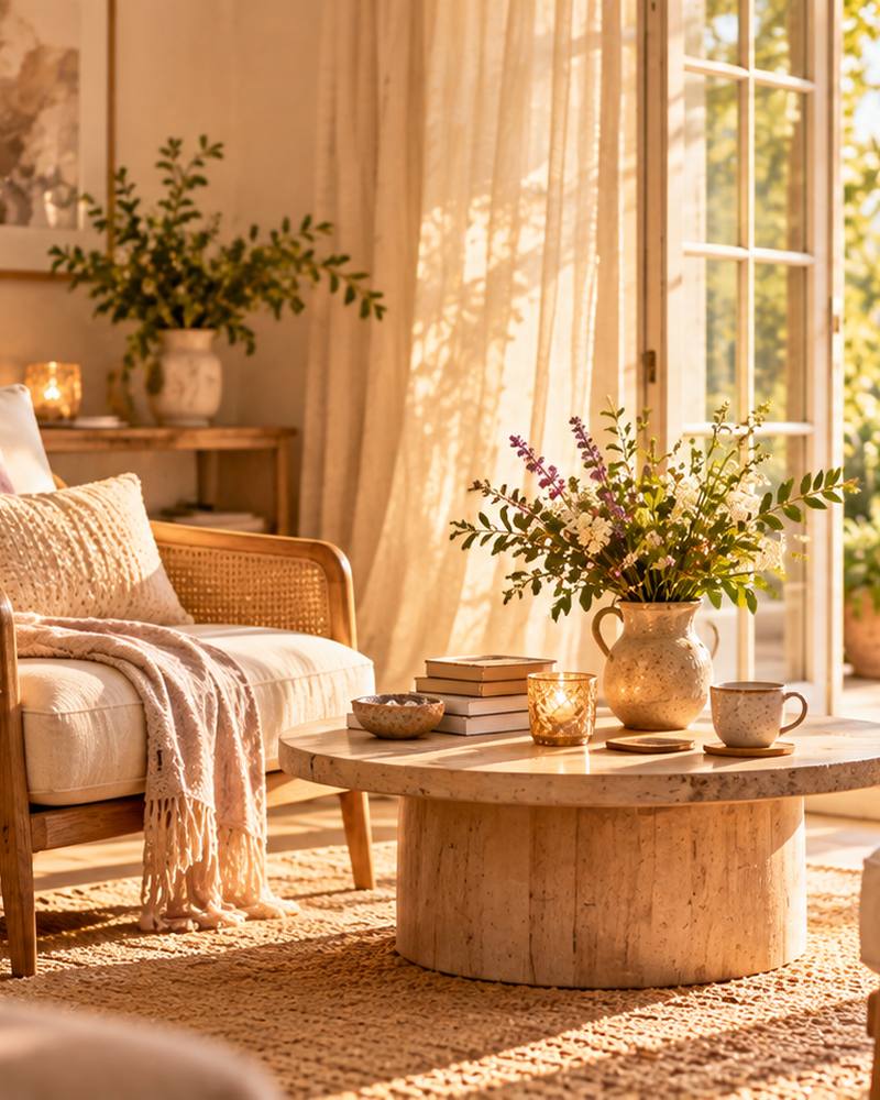 Sunlit sitting room with cane chairs and open doors to the garden