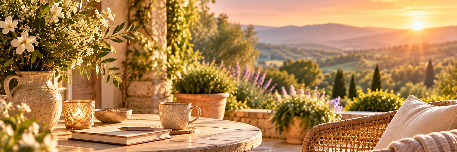 Sunset over rolling hills from a terrace with a table and wicker chair