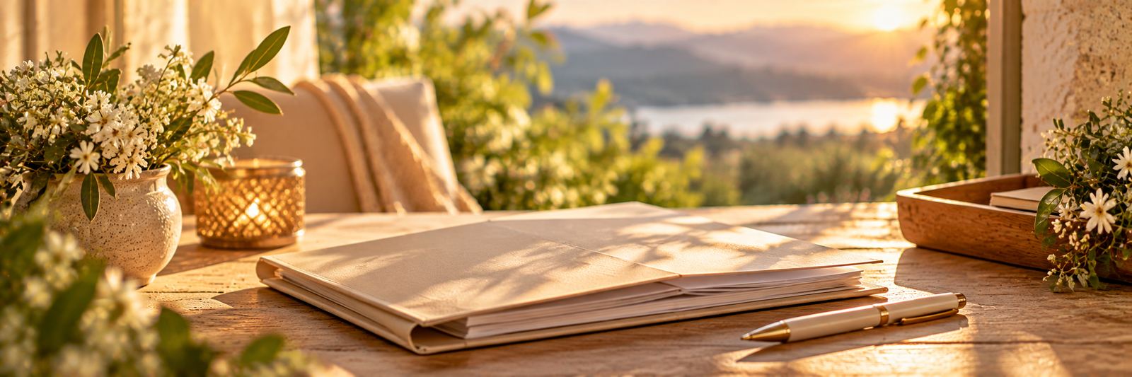 Folder and pen on a sunlit table