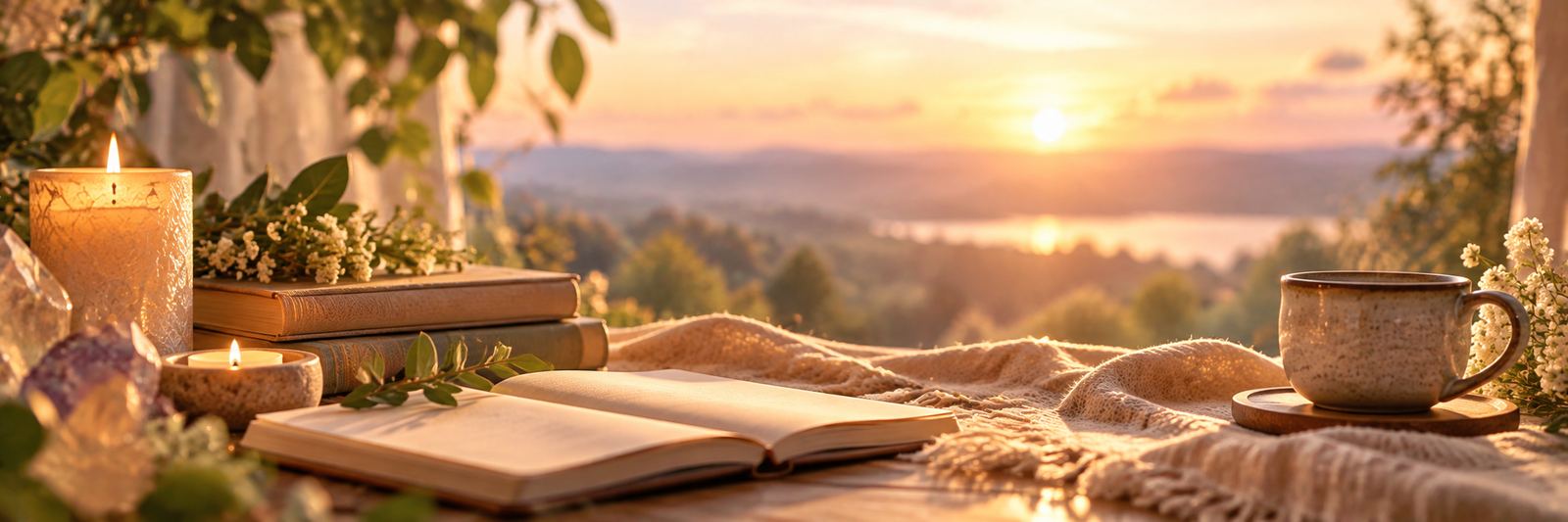 Candles, books and crystals by a window at sunset